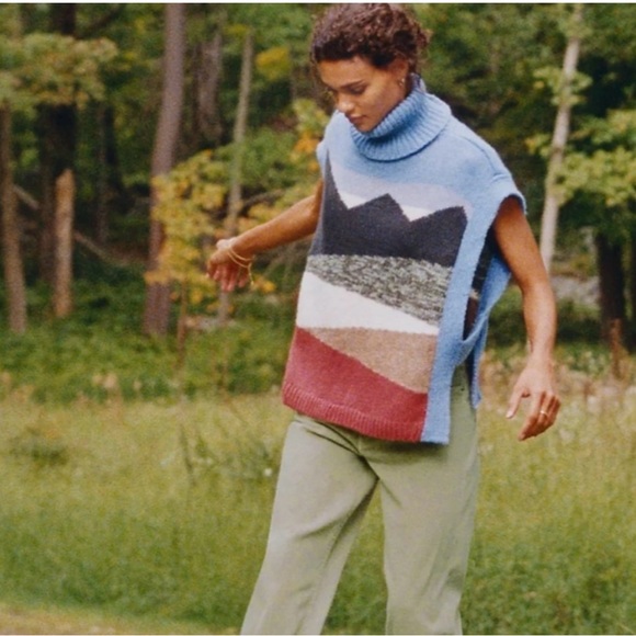 Anthropologie Blue and Red Turtleneck Poncho - Picture 2 of 5